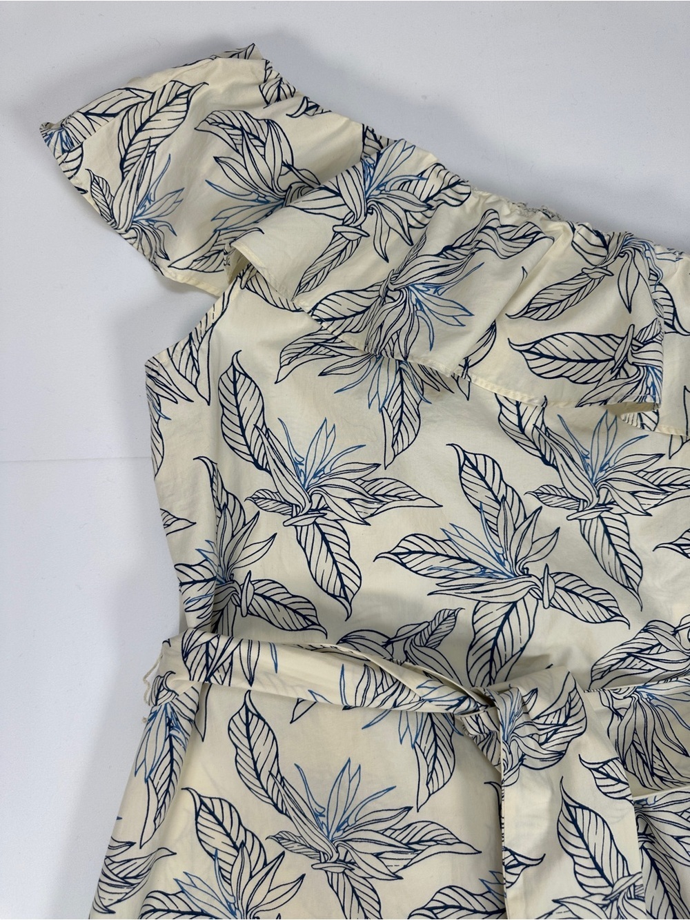 Banana Republic One Shoulder Midi Dress Cotton Poplin Blue Floral Cream Size M - Picture 3 of 9